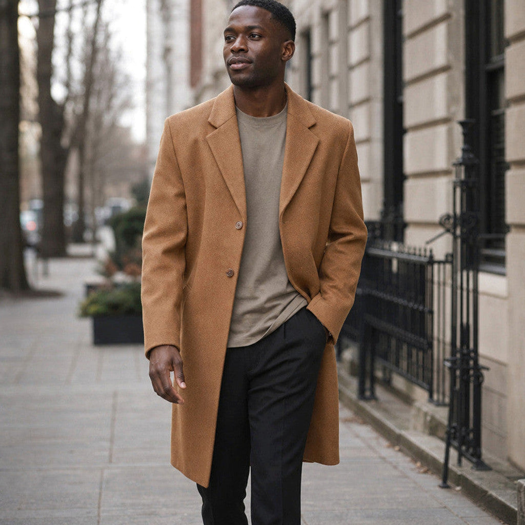 Man wearing camel brown three-button overcoat over tailoring