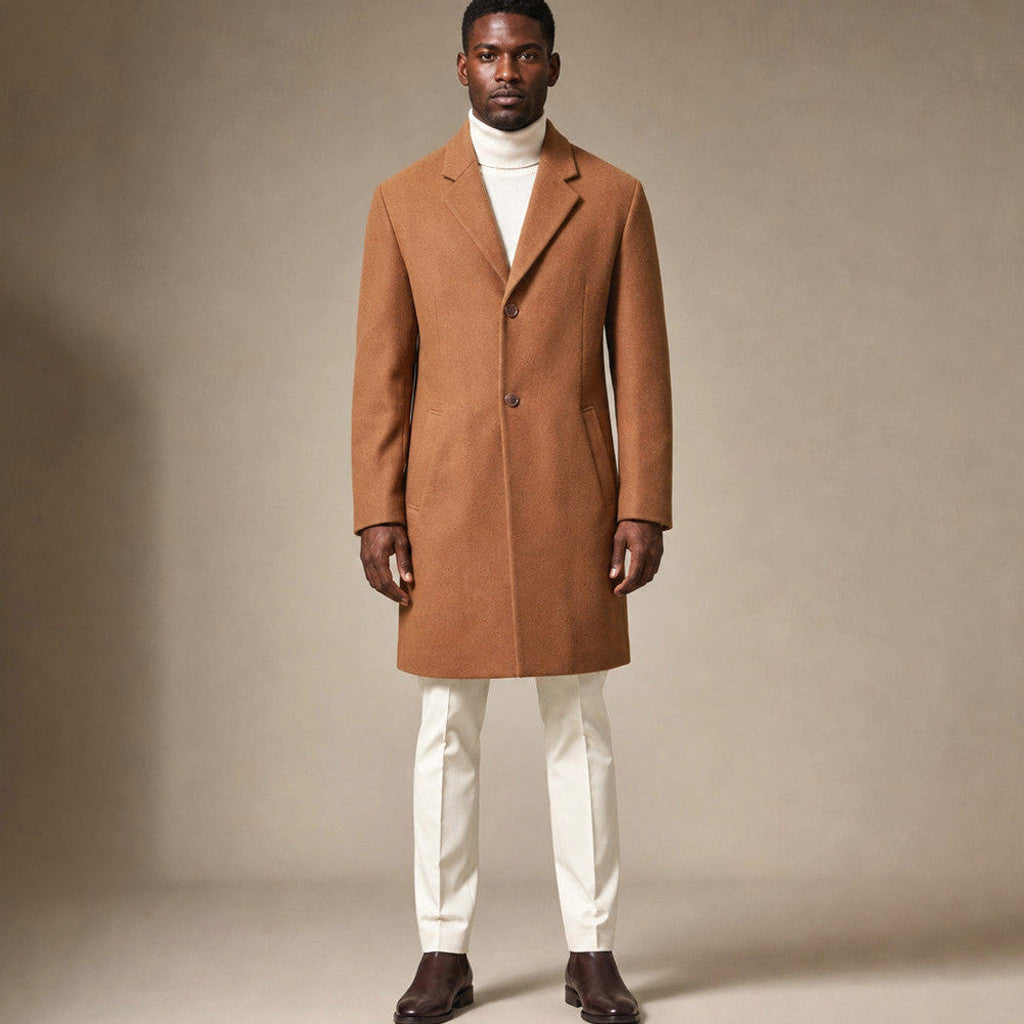 Camel brown single breasted wool overcoat, long line with notched lapel