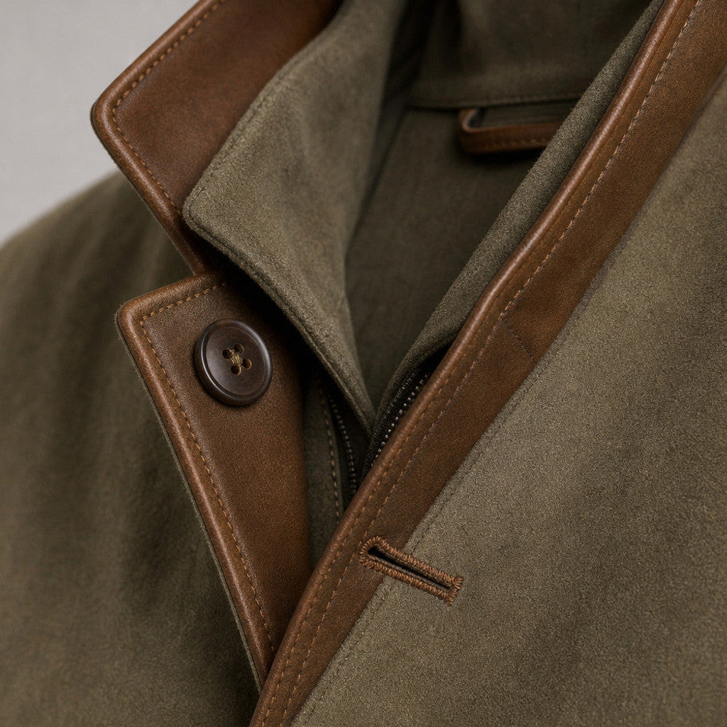 Fernald | Workwear Jacket Contrast Lapel Relaxed Fit Green – Fabric and Detail Close-Up
