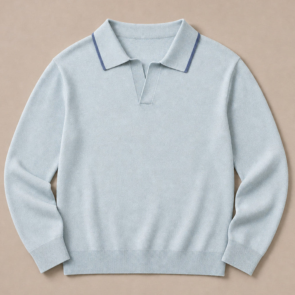 Finbar | Knit Polo Shirts Tipped Open Collar Champagne – Product Photo