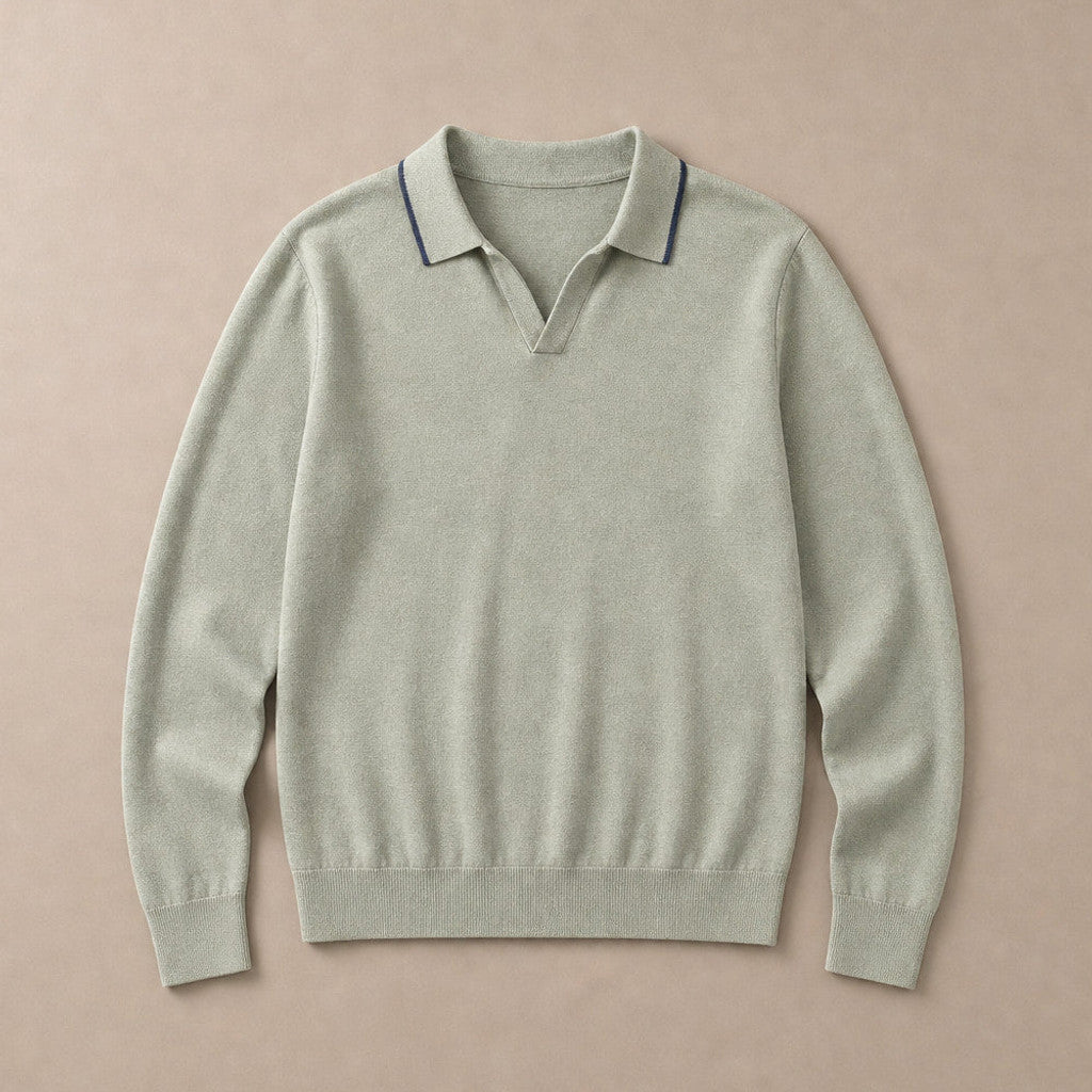 Finbar | Knit Polo Shirts Tipped Open Collar Khaki – Product Photo