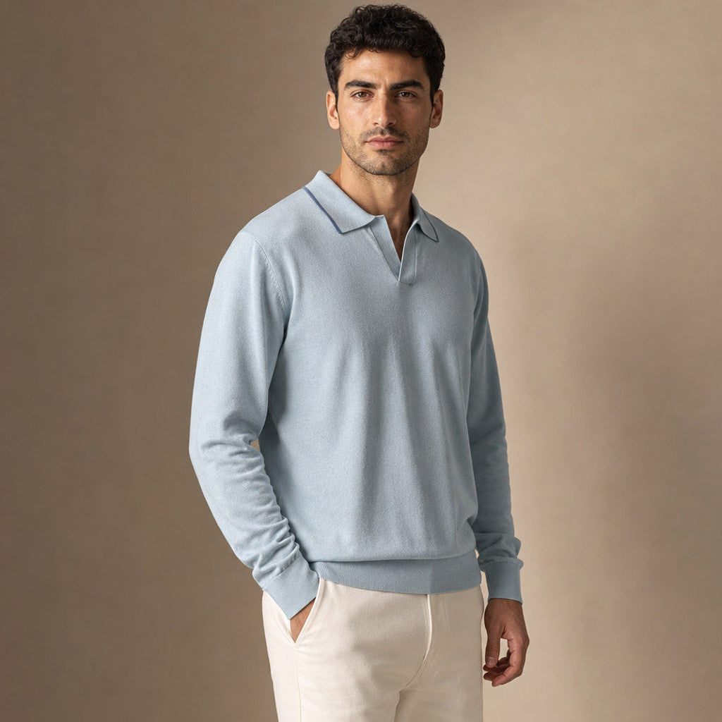 Finbar | Knit Polo Shirts Tipped Open Collar Powder Blue – Side Angle View
