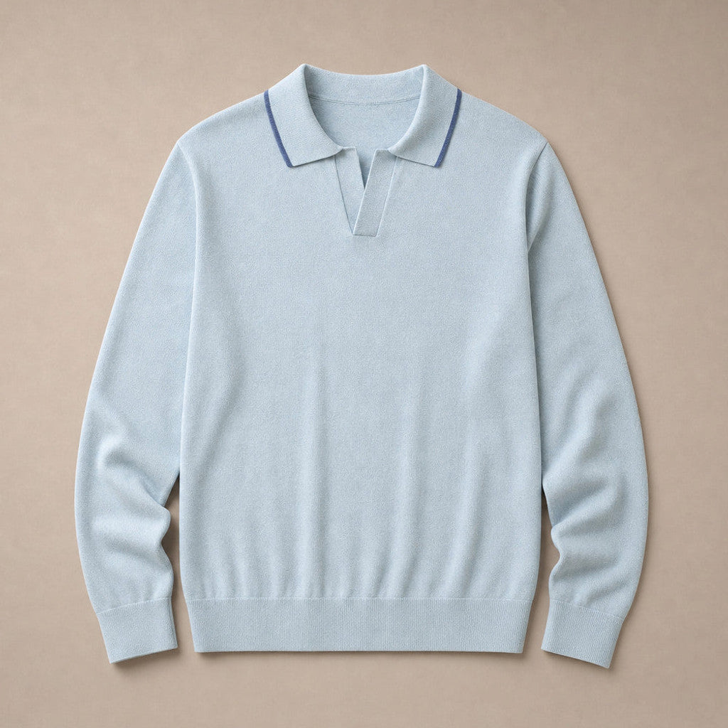 Finbar | Knit Polo Shirts Tipped Open Collar Powder Blue – Product Photo