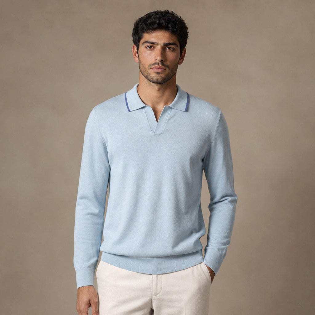 Finbar | Knit Polo Shirts Tipped Open Collar in Powder Blue – Premium Editorial