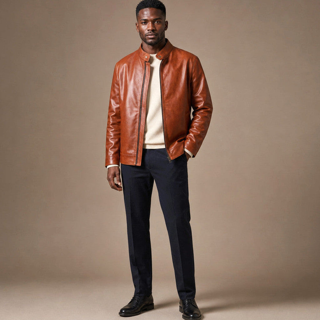 Findlay | Leather Biker Jacket Sheepskin Brown – Product Photo