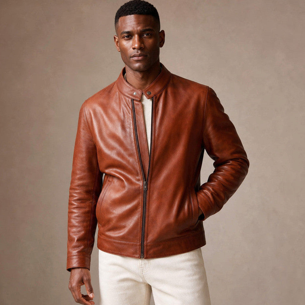 Reddish brown sheepskin leather biker jacket, front view with snap stand collar
