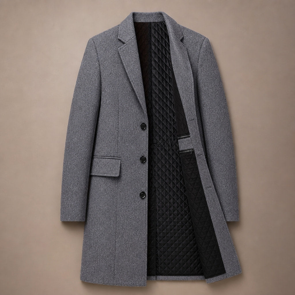Long Winter Coat Quilted Lining Grey Grey – Flat Lay Product Photo