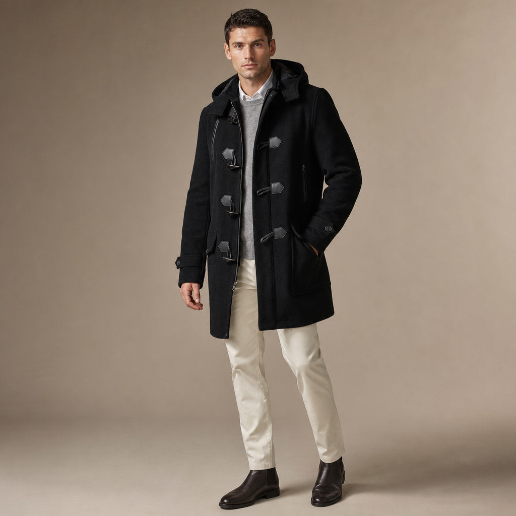 Duffle Coat Toggle Front Black Black – Side Angle View