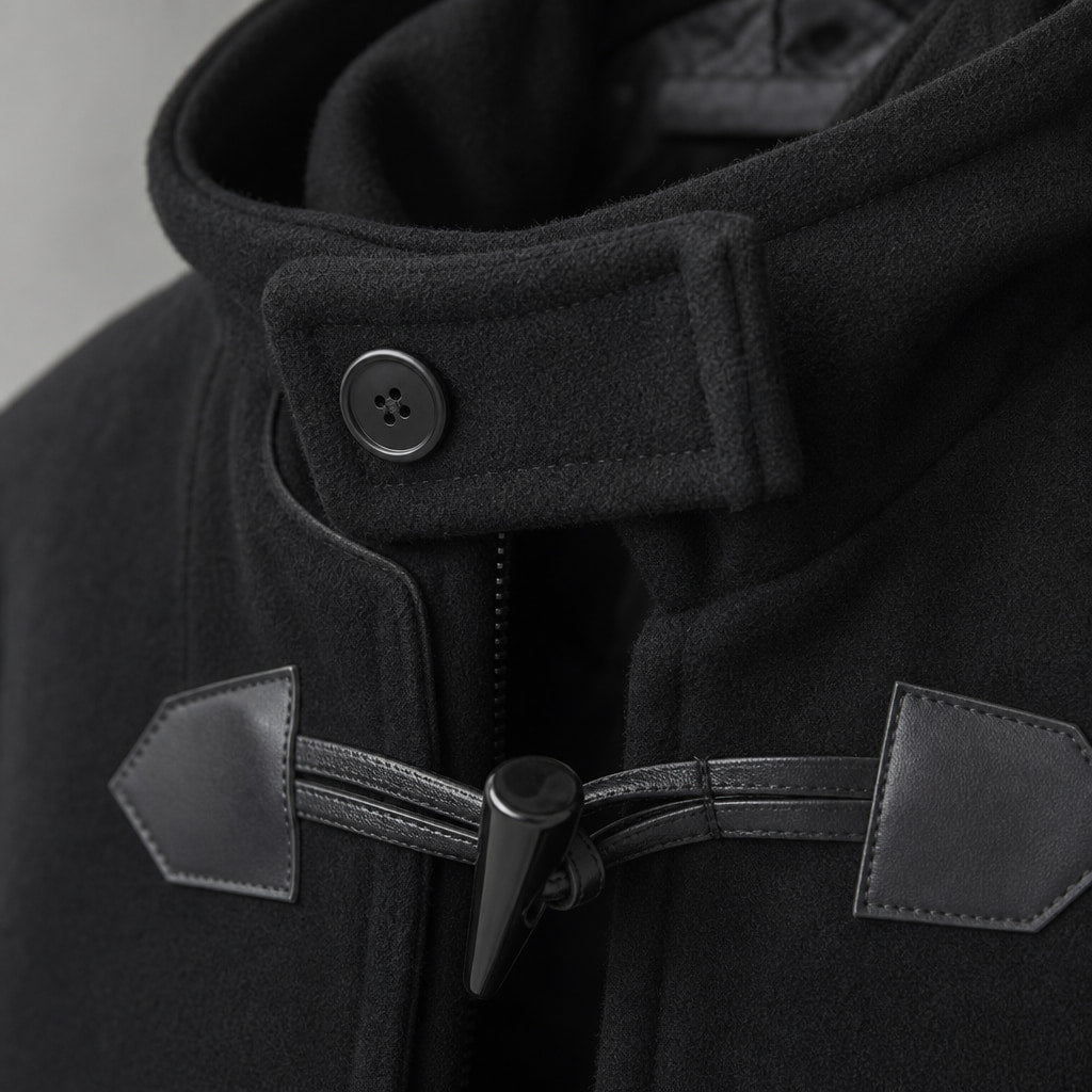 Duffle Coat Toggle Front Black Black – Fabric and Detail Close-Up