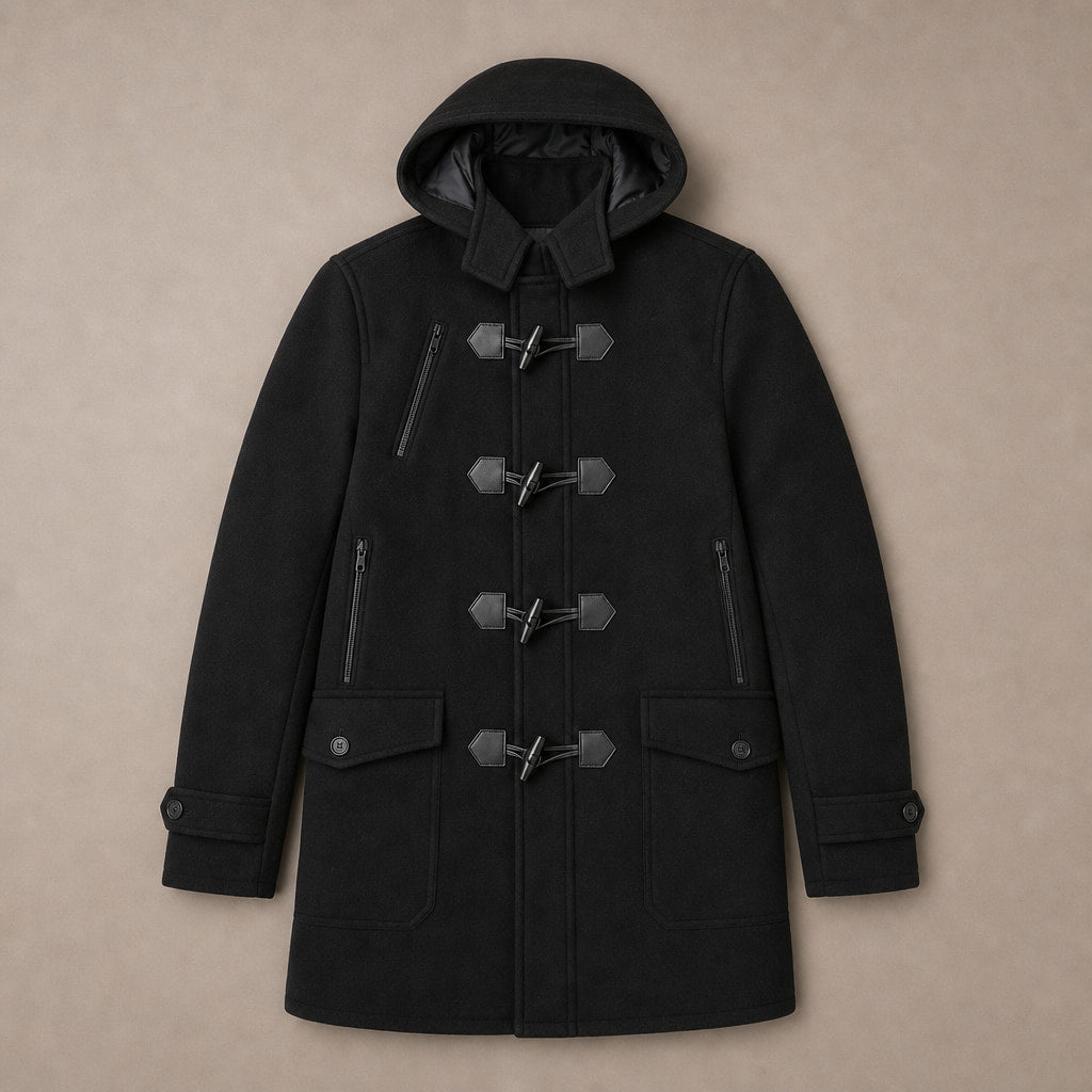 Duffle Coat Toggle Front Black Black – Flat Lay Product Photo