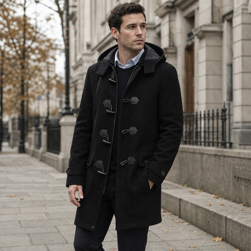 Duffle Coat Toggle Front Black Black – Styled Editorial Shot