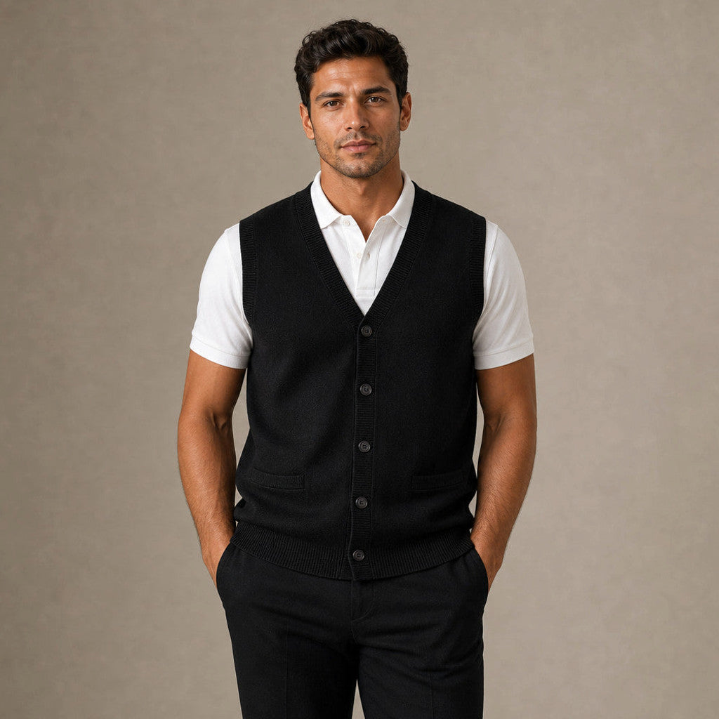 Foster | Sweater Vest V-Neck Button-Up in Black – Premium Editorial