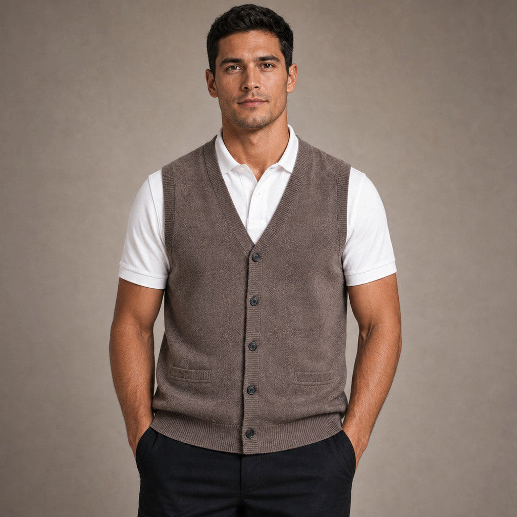 Foster | Sweater Vest V-Neck Button-Up in Brown – Premium Editorial