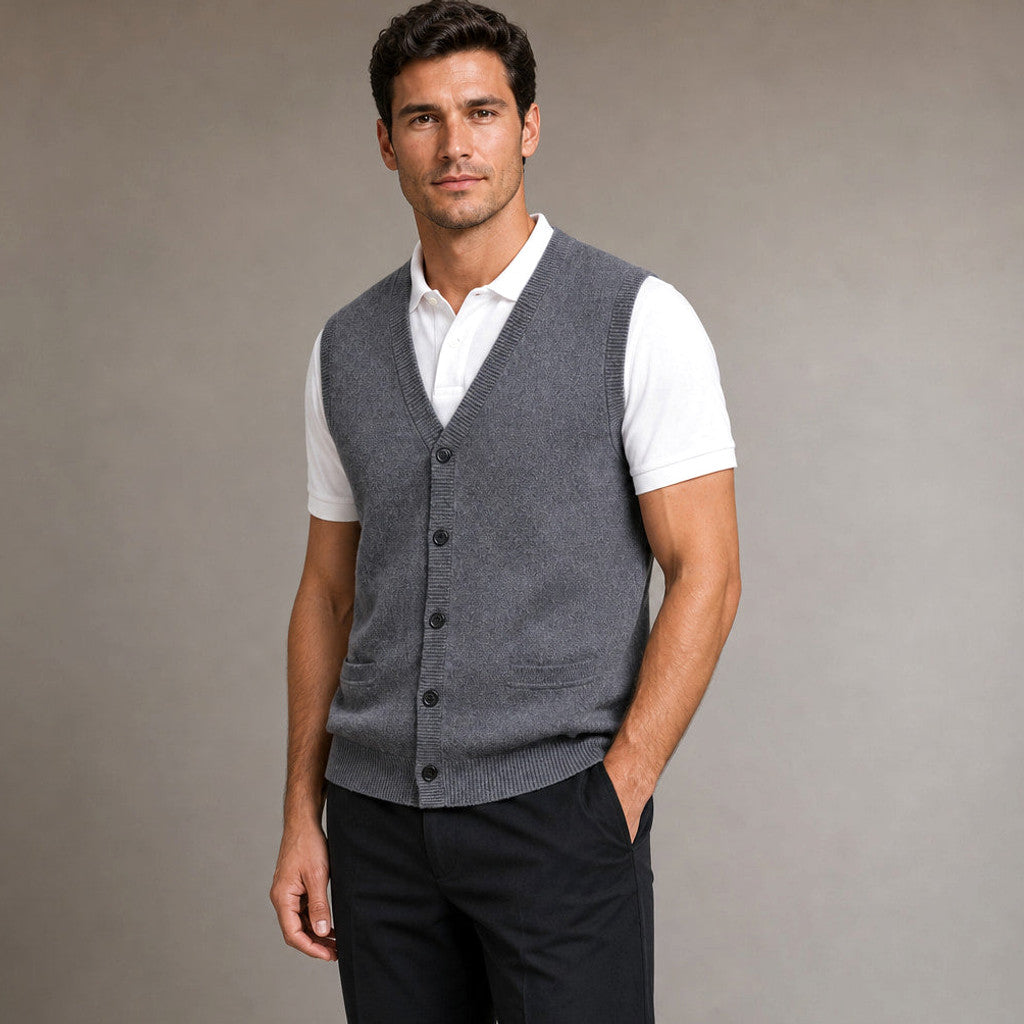 Foster | Sweater Vest V-Neck Button-Up Grey – Side Angle View