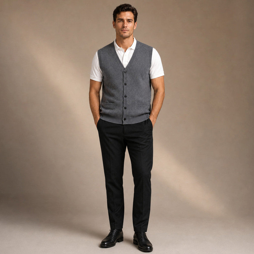 Foster | Sweater Vest V-Neck Button-Up Grey – Full Look
