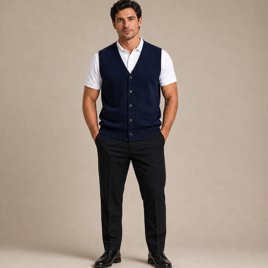 Foster | Sweater Vest V-Neck Button-Up in Navy – Premium Editorial