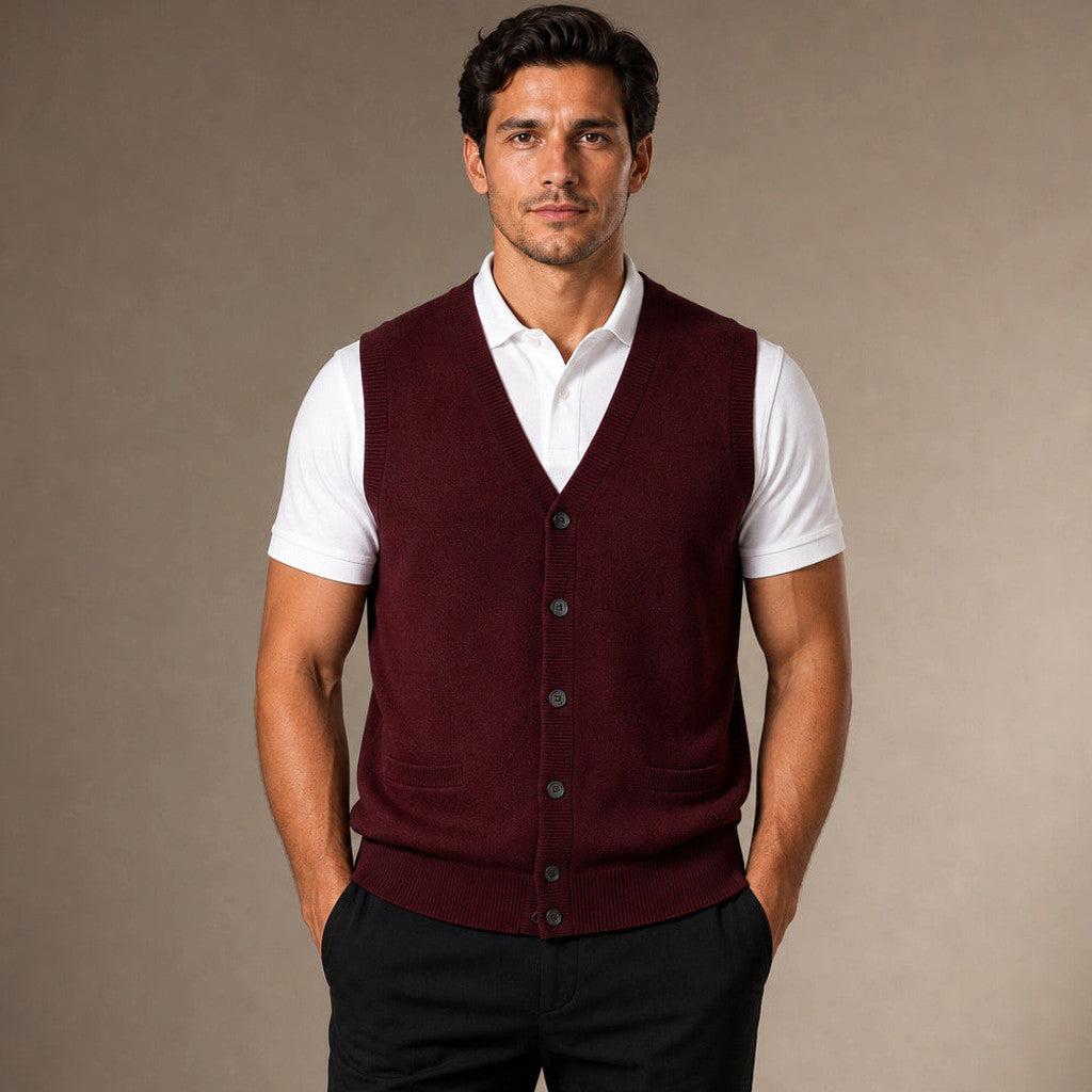 Foster | Sweater Vest V-Neck Button-Up in Wine – Premium Editorial