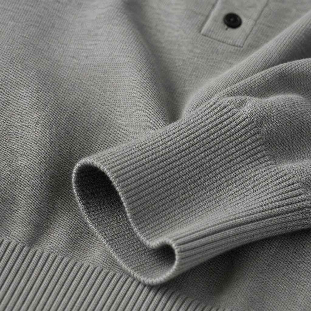 Franks | Knit Polo Shirt Fine-Gauge Cotton Grey – Fabric and Detail Close-Up