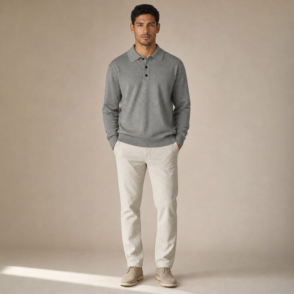 Franks | Knit Polo Shirt Fine-Gauge Cotton Grey – Full Look