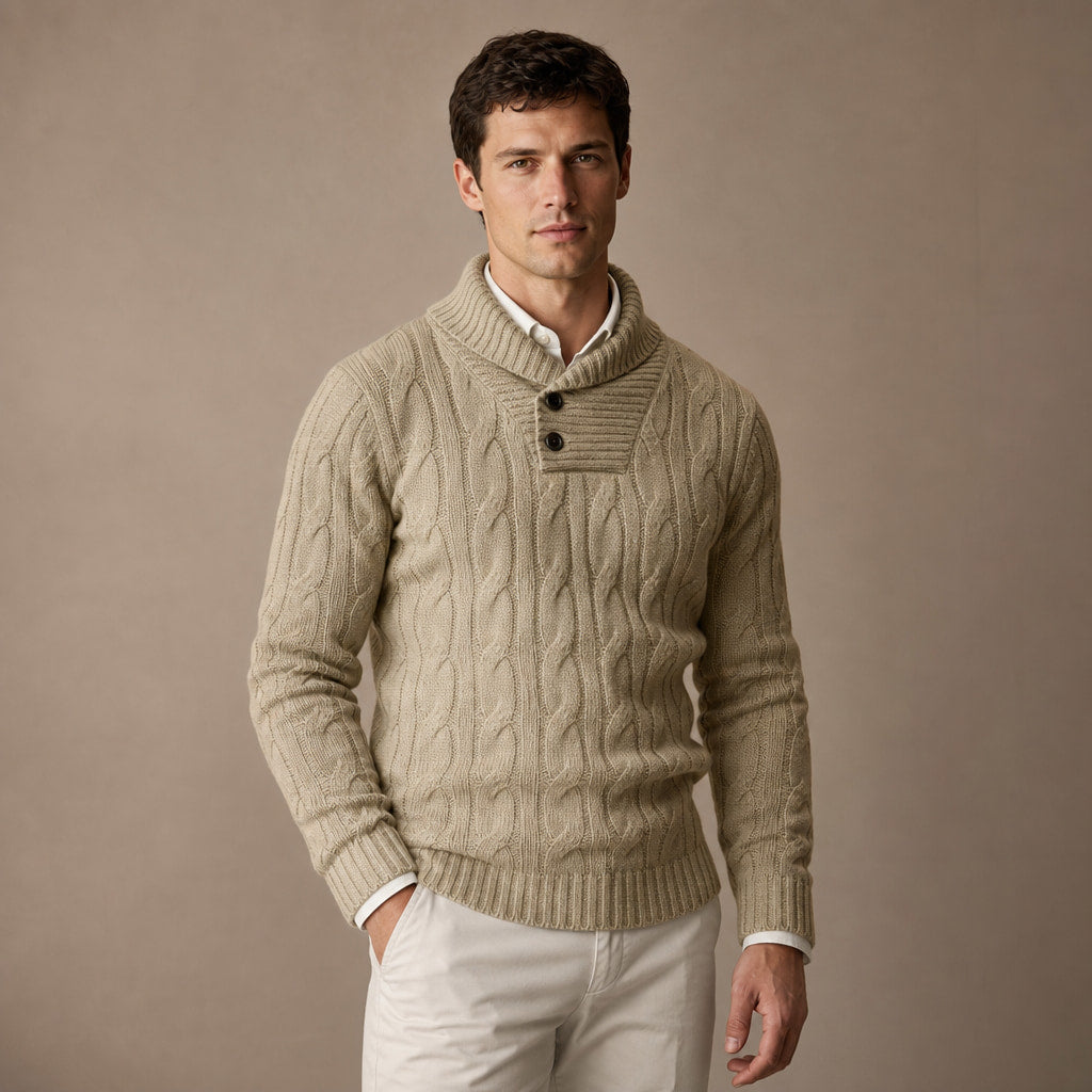 Cable Knit Jumper Shawl Collar Khaki Khaki – Side Angle View