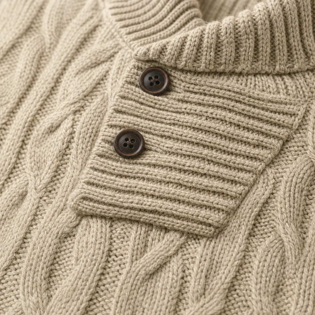 Cable Knit Jumper Shawl Collar Khaki Khaki – Fabric and Detail Close-Up