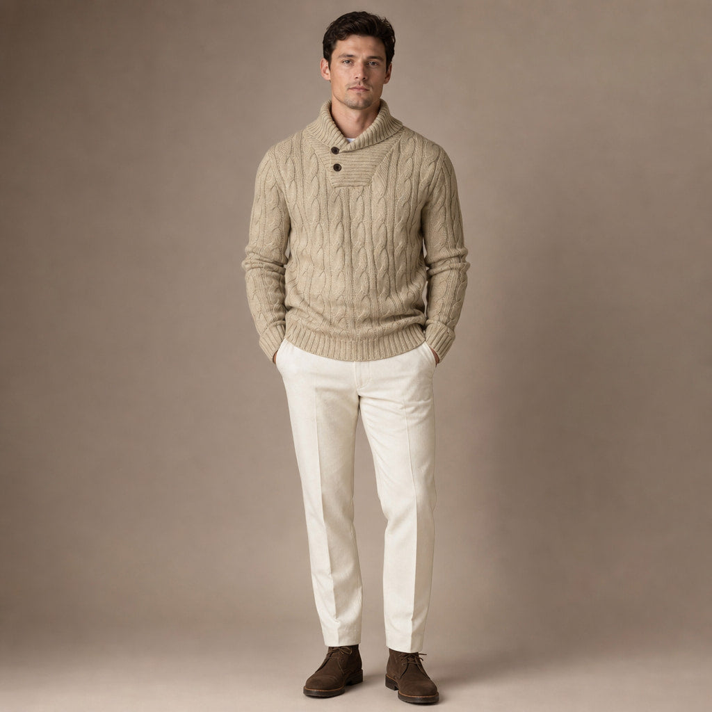 Cable Knit Jumper Shawl Collar Khaki Khaki – Full Look