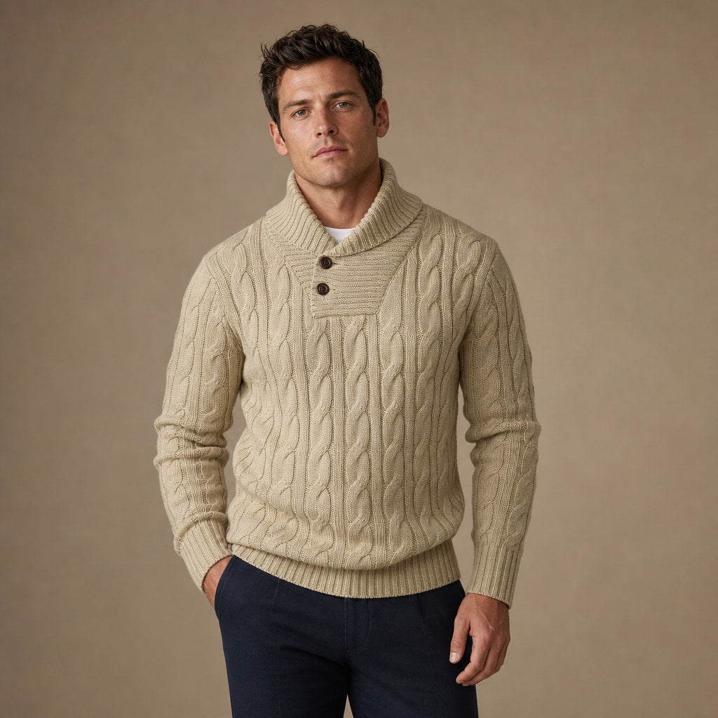 Cable Knit Jumper Shawl Collar Khaki Khaki – Product Photo