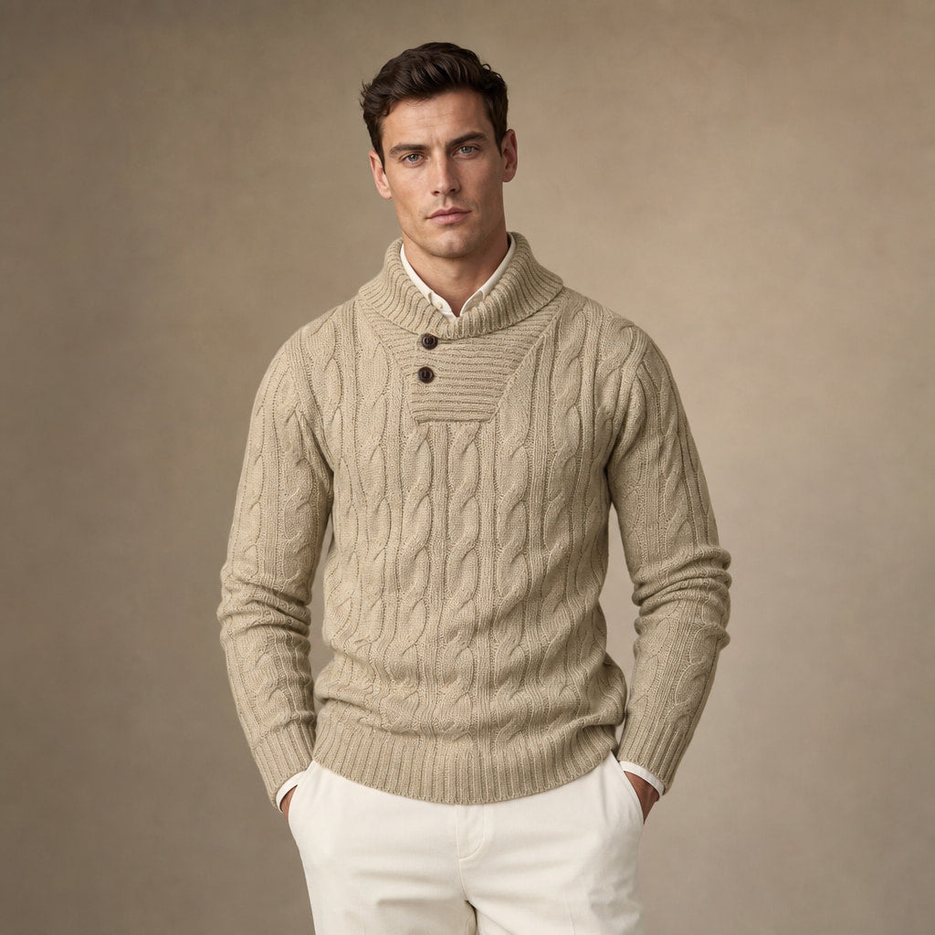 Cable Knit Jumper Shawl Collar Khaki in Khaki – Tomosino Premium Menswear