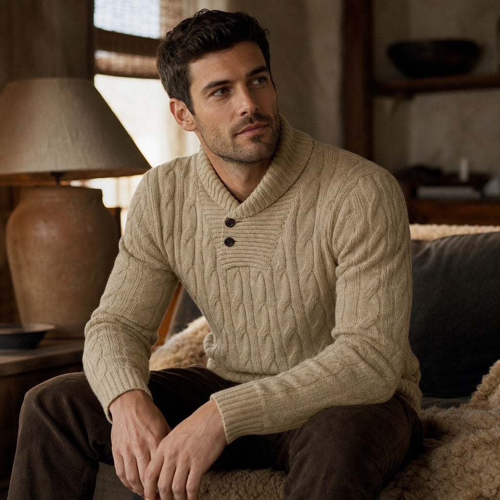 Cable Knit Jumper Shawl Collar Khaki Khaki – Styled Editorial Shot