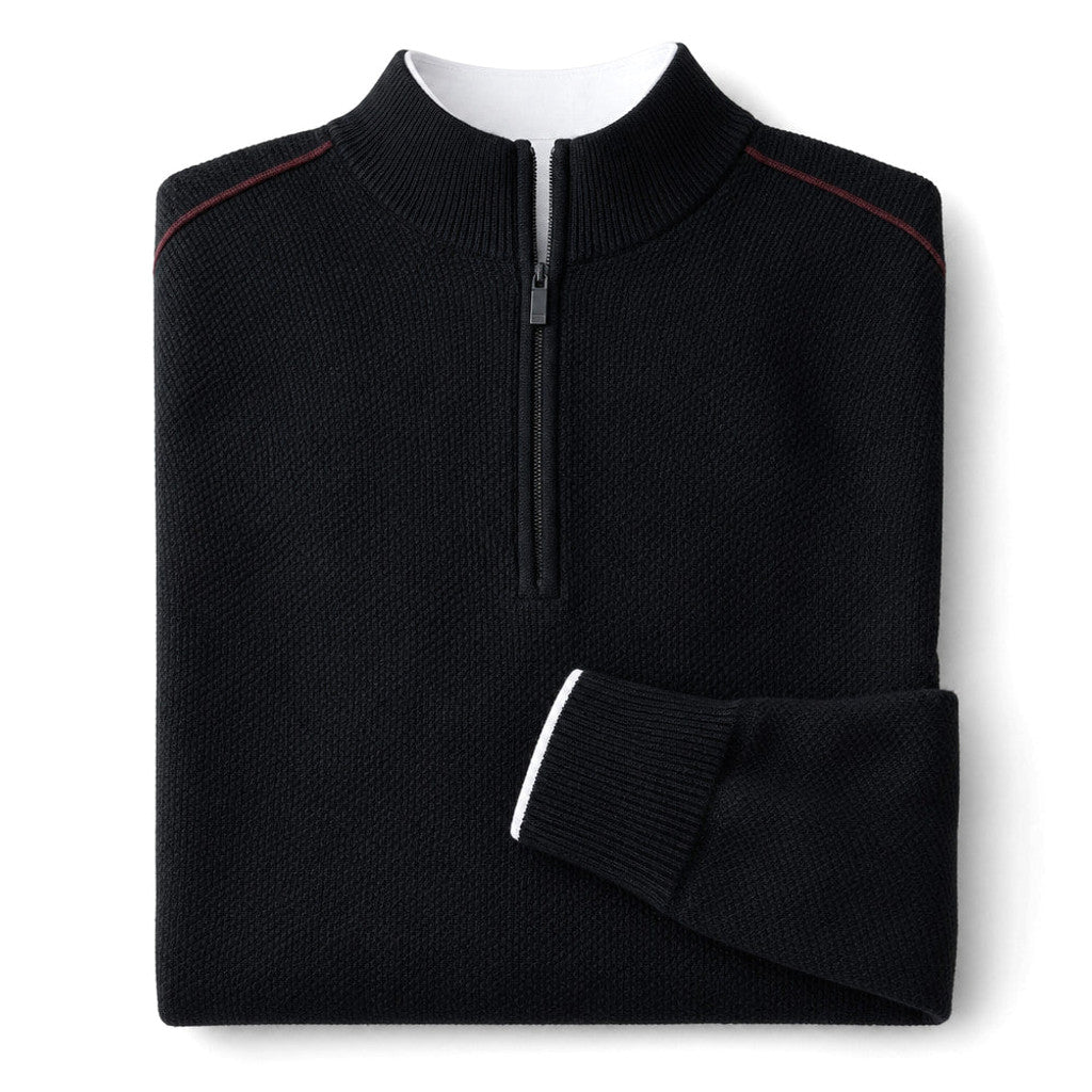 Garfield | Quarter Zip Sweater Waffle Knit Shoulder Piping Black – Product Photo