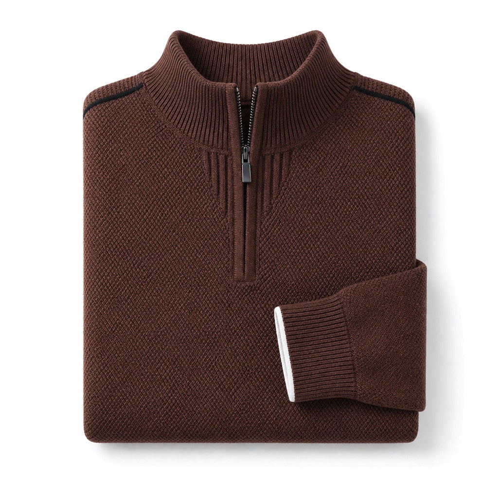 Garfield | Quarter Zip Sweater Waffle Knit Shoulder Piping Brown – Product Photo