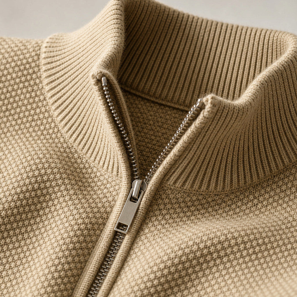 Garfield | Quarter Zip Sweater Waffle Knit Shoulder Piping Light Khaki – Fabric and Detail Close-Up
