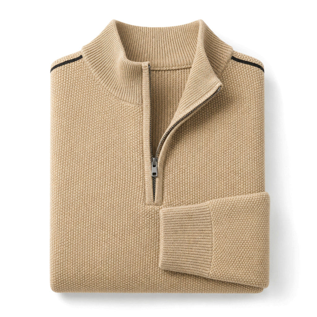 Garfield | Quarter Zip Sweater Waffle Knit Shoulder Piping Light Khaki – Product Photo