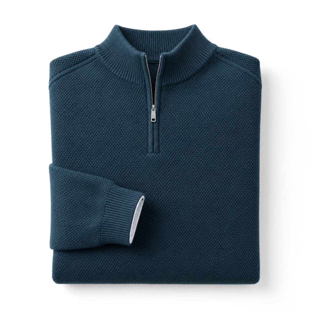 Garfield | Quarter Zip Sweater Waffle Knit Shoulder Piping Slate Blue – Product Photo