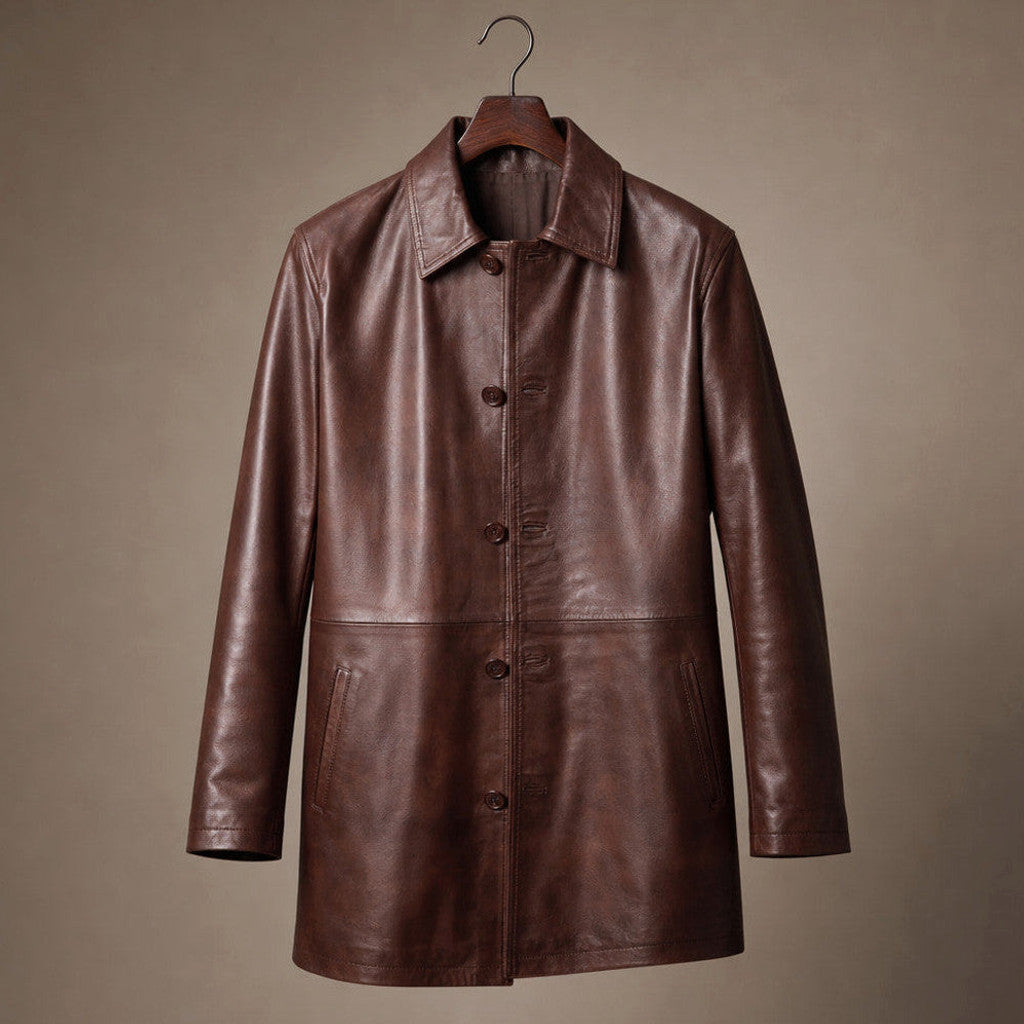 Man wearing a dark walnut leather pea coat over a knit jumper