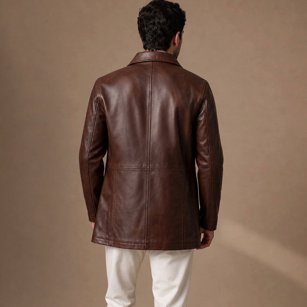 Garrett | Leather Pea Coat Sheepskin Lined Dark Walnut – Product Photo