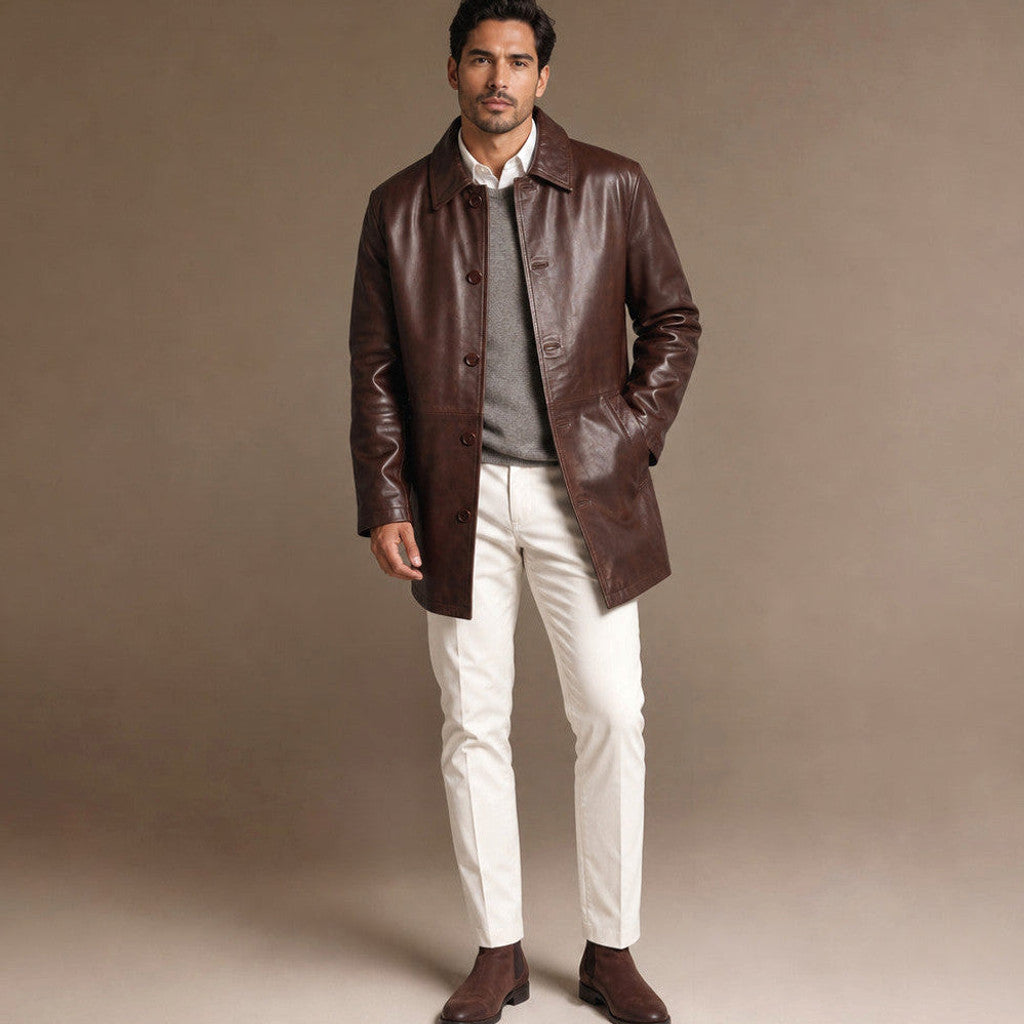 Garrett | Leather Pea Coat Sheepskin Lined Dark Walnut – Product Photo