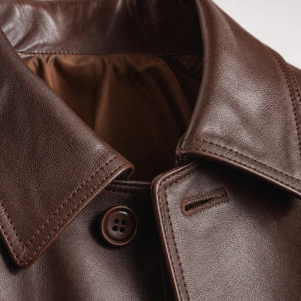 Garrett | Leather Pea Coat Sheepskin Lined Dark Walnut – Product Photo