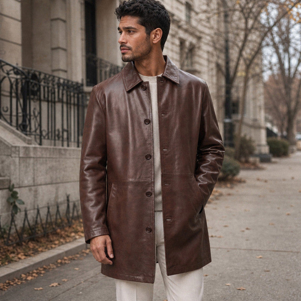 Garrett | Leather Pea Coat Sheepskin Lined Dark Walnut – Product Photo