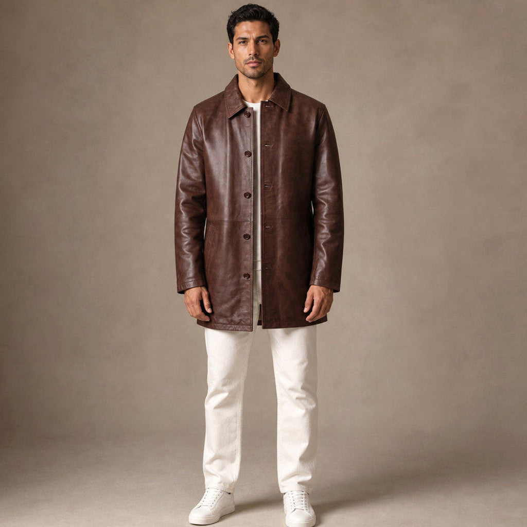 Dark walnut brown leather pea coat with sheepskin lining, front view
