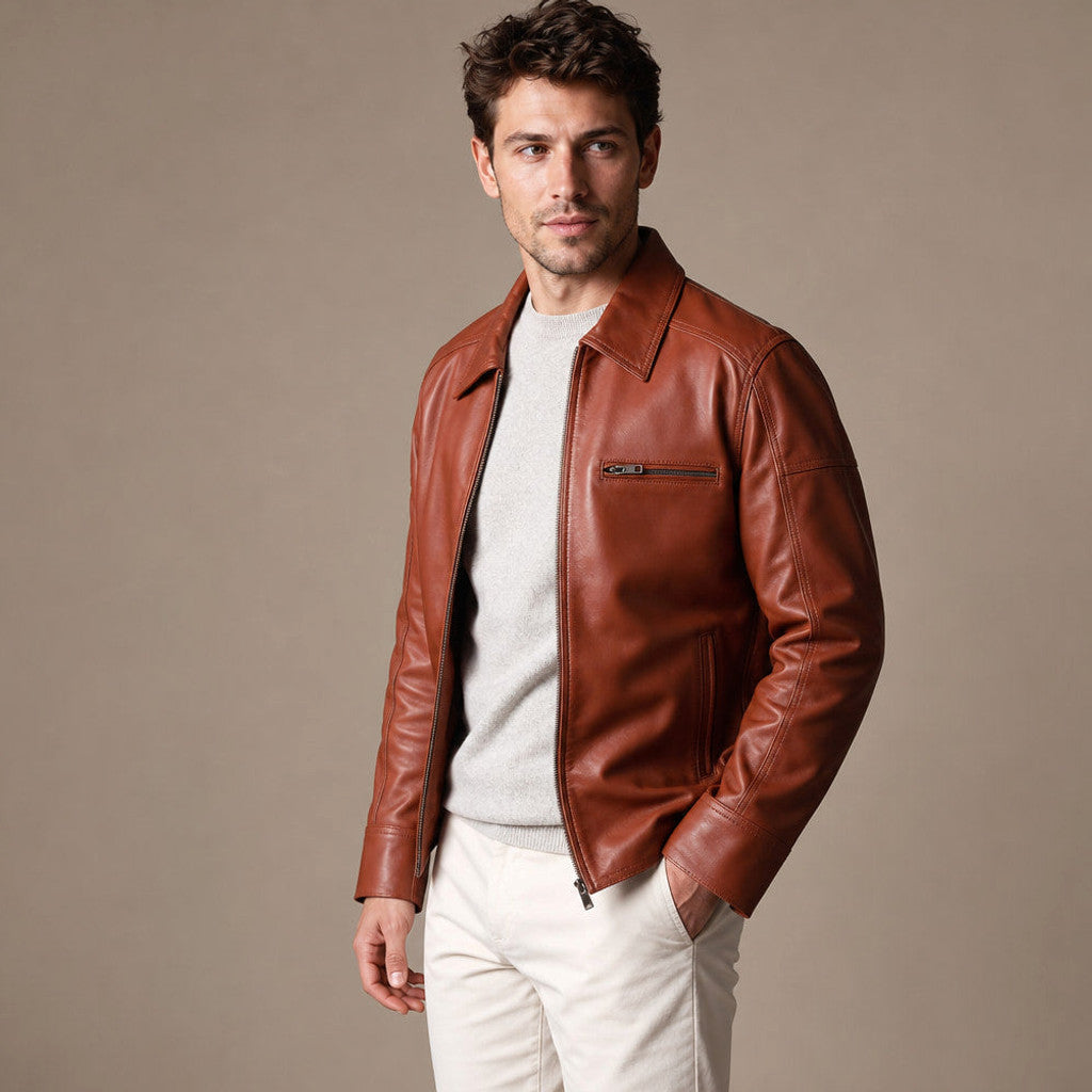 Garrowby | Biker Jacket Sheepskin Leather Windsor Tan – Side Angle View
