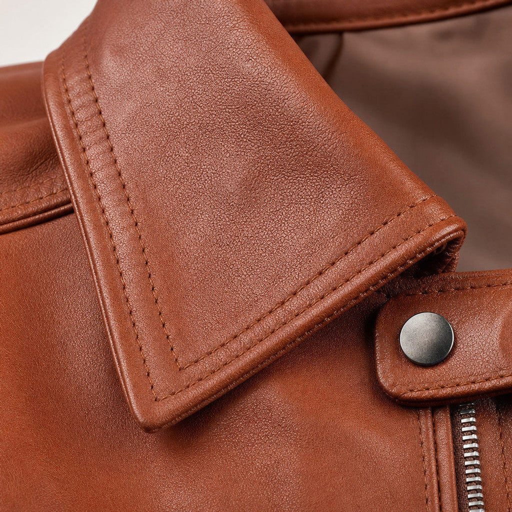Garrowby | Biker Jacket Sheepskin Leather Windsor Tan – Fabric and Detail Close-Up