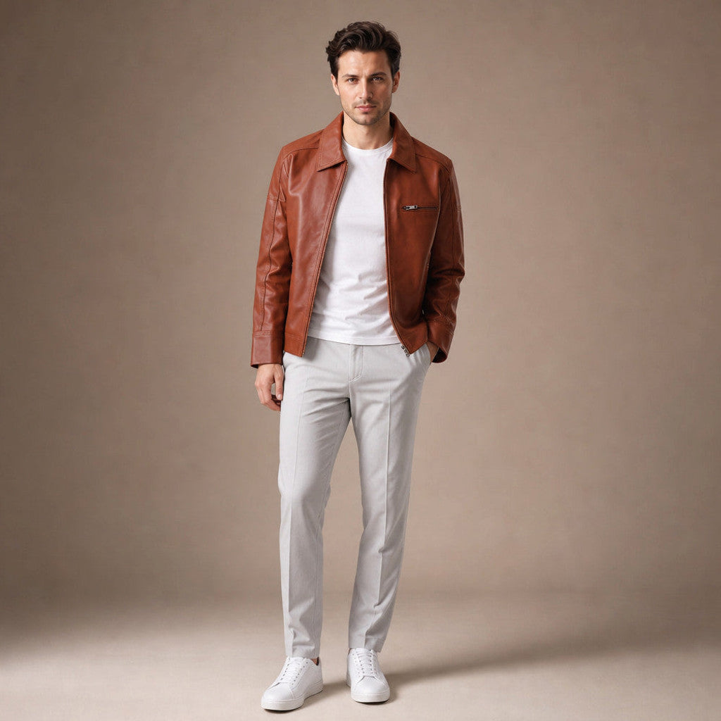 Garrowby | Biker Jacket Sheepskin Leather Windsor Tan – Full Look