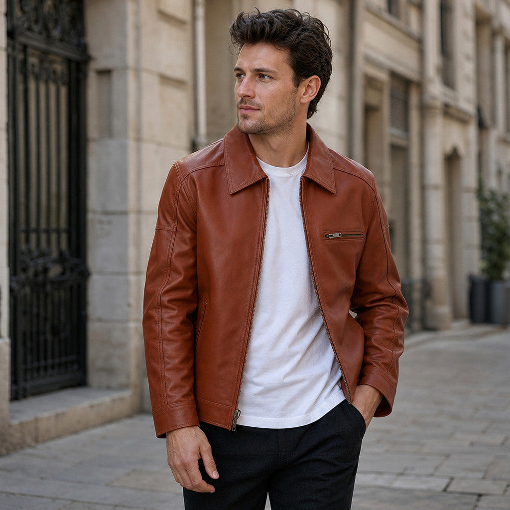 Garrowby | Biker Jacket Sheepskin Leather Windsor Tan – Styled Editorial Shot