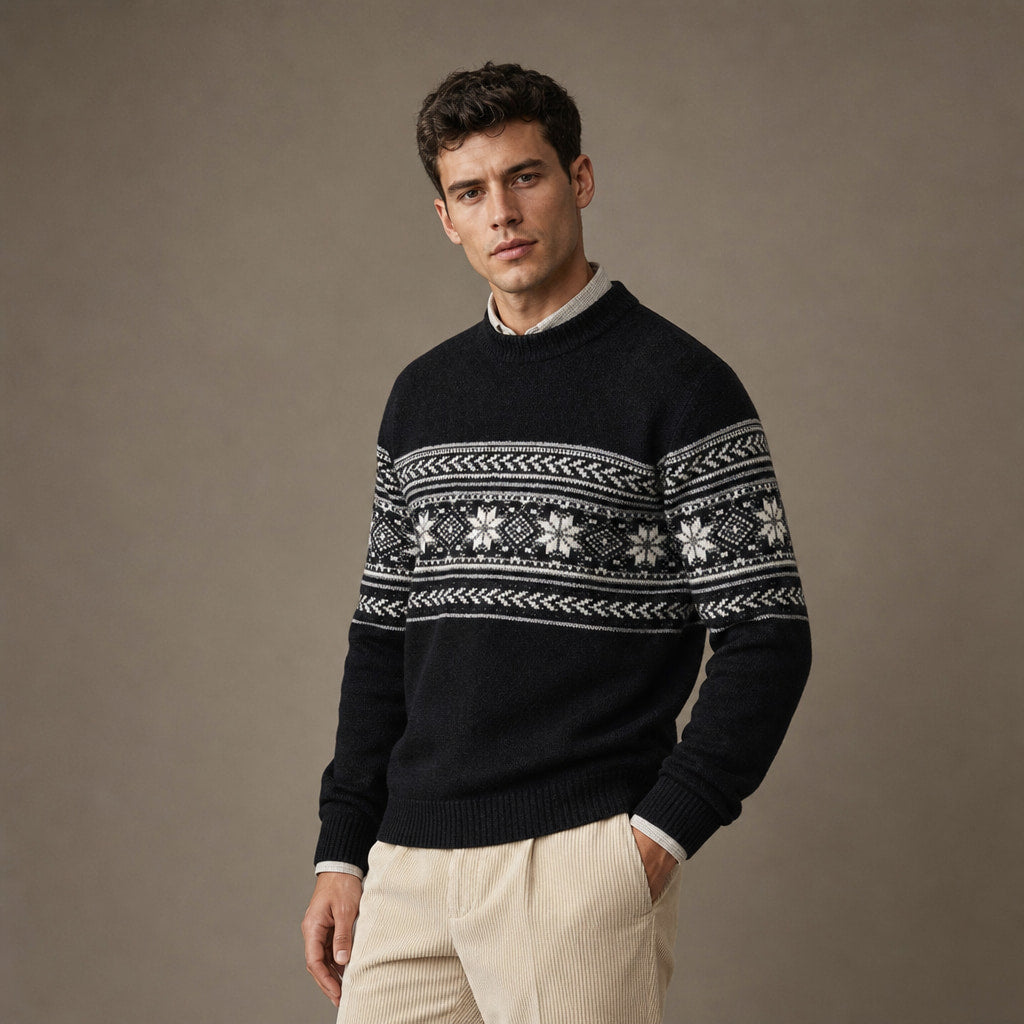 Fair Isle Jumper Crewneck Knit Black – Side Angle View