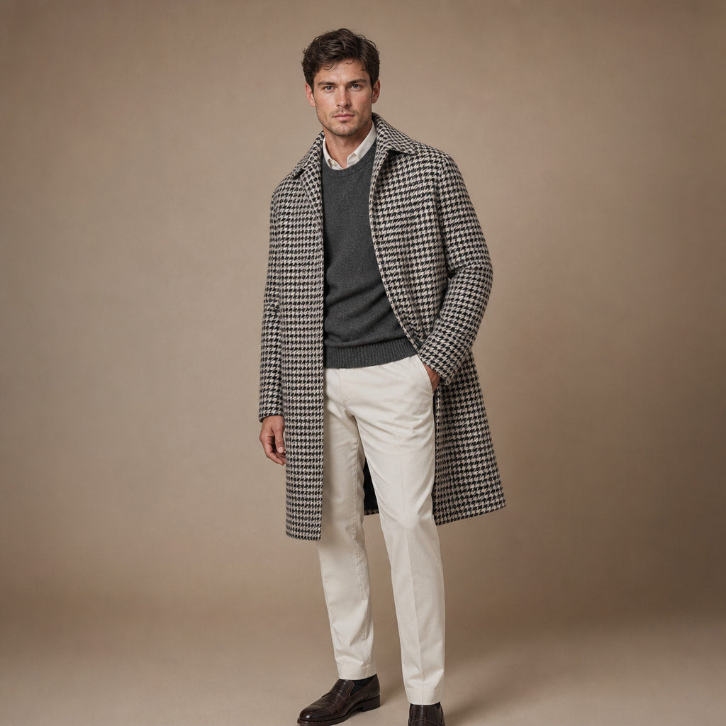 Mid-Length Coat Houndstooth Quilted Plaid Plaid – Side Angle View