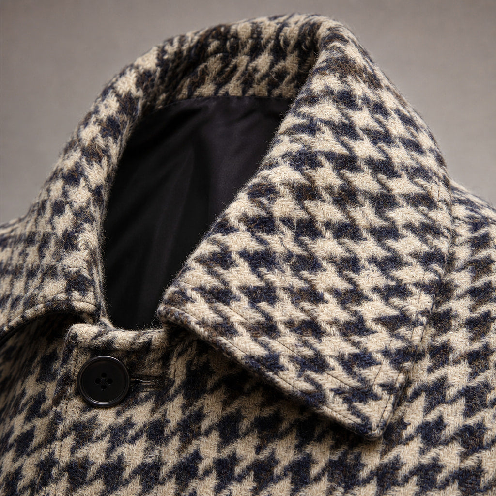 Mid-Length Coat Houndstooth Quilted Plaid Plaid – Fabric and Detail Close-Up