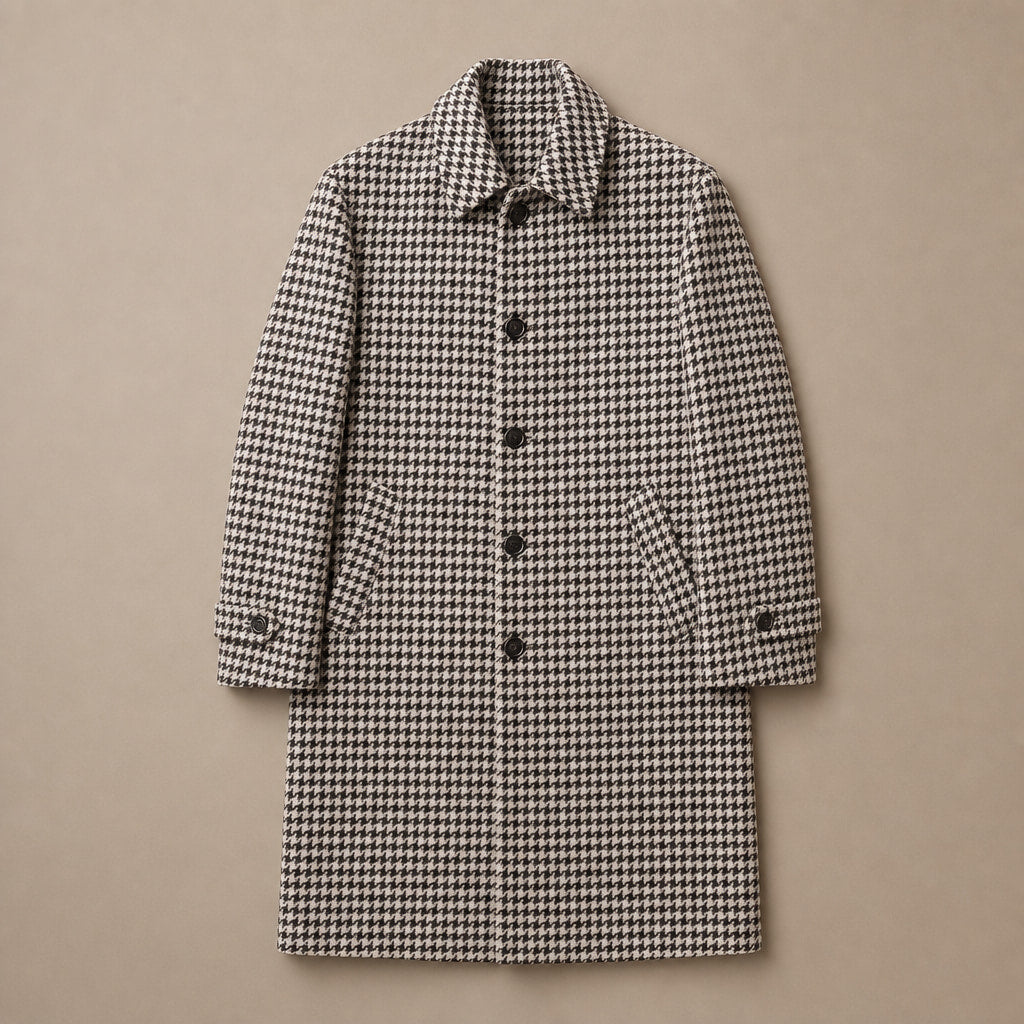 Mid-Length Coat Houndstooth Quilted Plaid Plaid – Flat Lay Product Photo