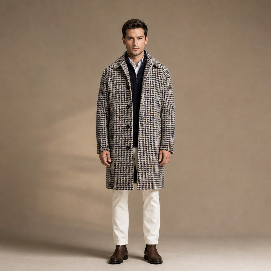 Mid-Length Coat Houndstooth Quilted Plaid in Plaid – Tomosino Premium Menswear