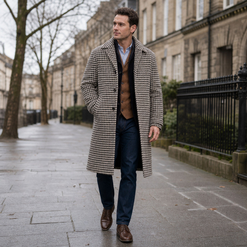 Mid-Length Coat Houndstooth Quilted Plaid Plaid – Styled Editorial Shot